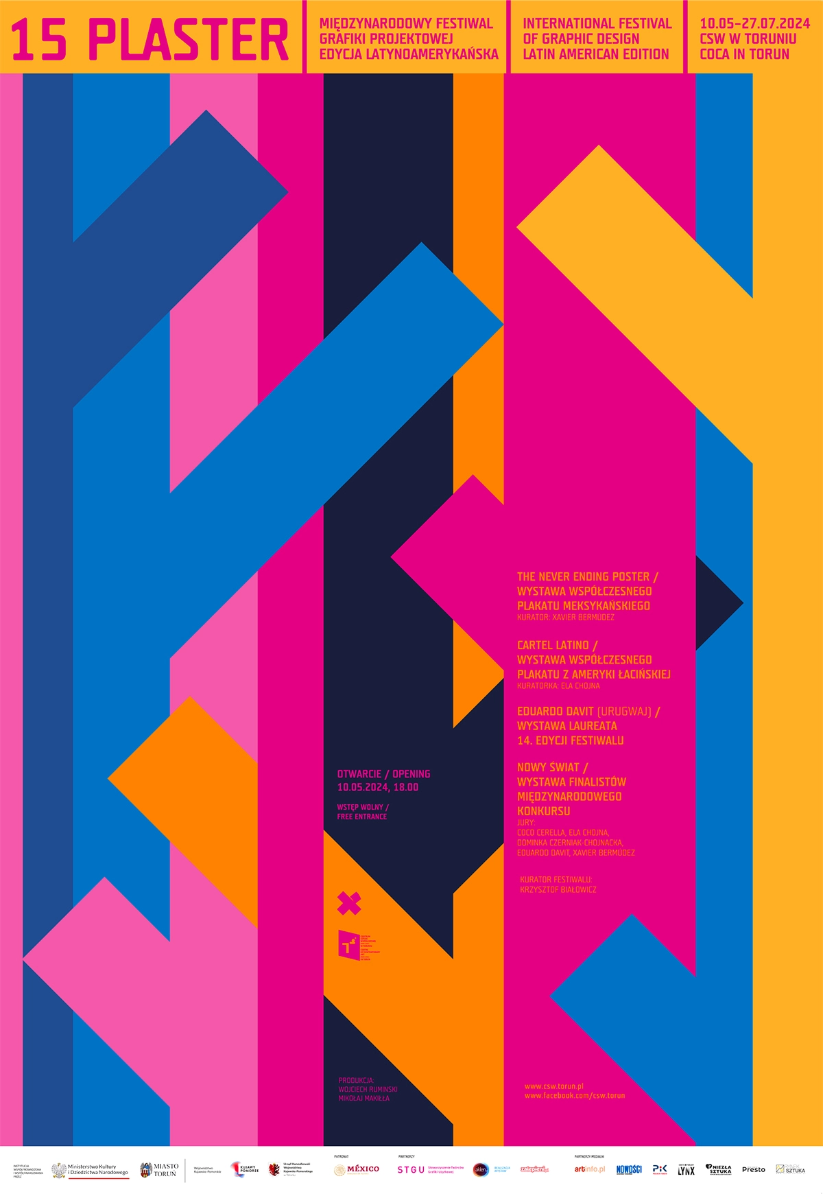 Plakat promujący 15. Międzynarodowy Festiwal Projektowania Graficznego „Plaster”, przedstawiający wyraziste, nakładające się na siebie geometryczne kształty w kolorach niebieskim, różowym, pomarańczowym i żółtym, wraz z informacjami o wydarzeniu w języku polskim i angielskim.