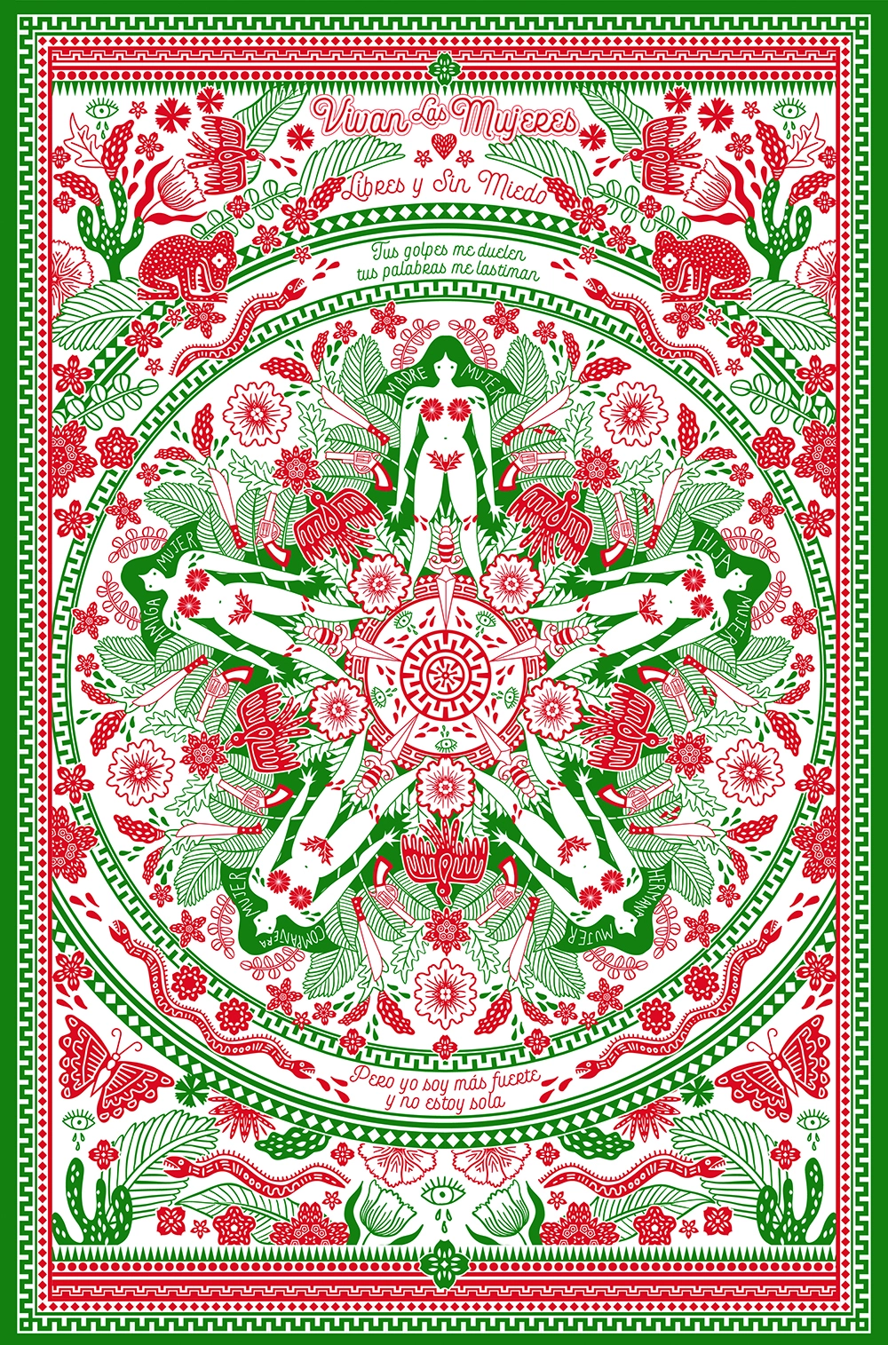 Symetryczna, misternie wykonana ilustracja w kolorach czerwonym, zielonym i białym przedstawia kobiety, kwiaty, rośliny i kaktusy. Hiszpańskie frazy i wzory dekoracyjne otaczają centralny motyw – gwiazdę utworzoną przez sylwetki kobiet.
