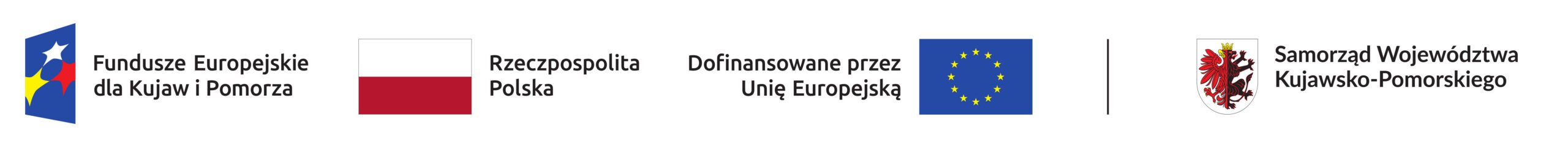 Pięć logo ułożonych w rzędzie symbolizuje fundusze europejskie, Polskę, środki unijne, Unię Europejską oraz samorząd województwa kujawsko-pomorskiego; każde z nich ma własne godło lub flagę.