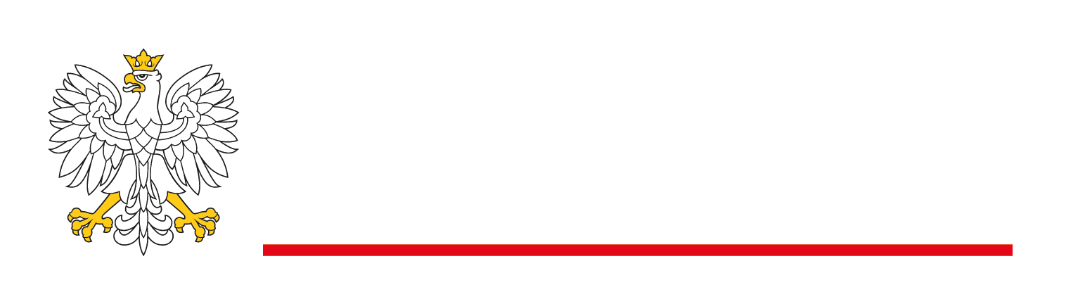 Logotyp. Biały orzeł w złotej koronie, ze złotymi szponami i dziobem, zwrócony w prawo (lewo osoby naprzeciw ekranu). Obok napis Ministerstwo Kultury i Dziedzictwa Narodowego. Poniżej cienki pasek w barwach polskiej flagi państwowej.