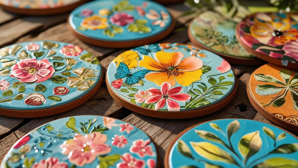 Na drewnianej powierzchni ułożono kilka okrągłych ceramicznych podkładek z kolorowymi, ręcznie malowanymi motywami kwiatowymi i motylkowymi. Na podkładkach widnieją różnorodne kwiaty w żywych barwach na niebieskim i pomarańczowym tle.