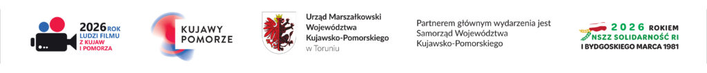 Rząd pięciu polskich logo i napisów, w tym „2026 rok ludzi filmu z Kujaw i Pomorza”, „Kujawy Pomorze”, herb, dwa napisy instytucjonalne oraz logo „2026 rokiem KZSS Spółdzielczości” z zielono-czerwoną smugą.