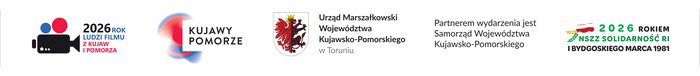 Rząd czterech logo, w tym „2026 Igrzyska Filmów”, „Kujawy Pomorze”, herb województwa kujawsko-pomorskiego oraz napis „2026 Rokiem 35. Solidarności” w języku polskim wraz z powiązanymi elementami graficznymi.